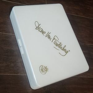 Vintage Diane Von Furstenberg White Plastic Storage Box with Gold Etching